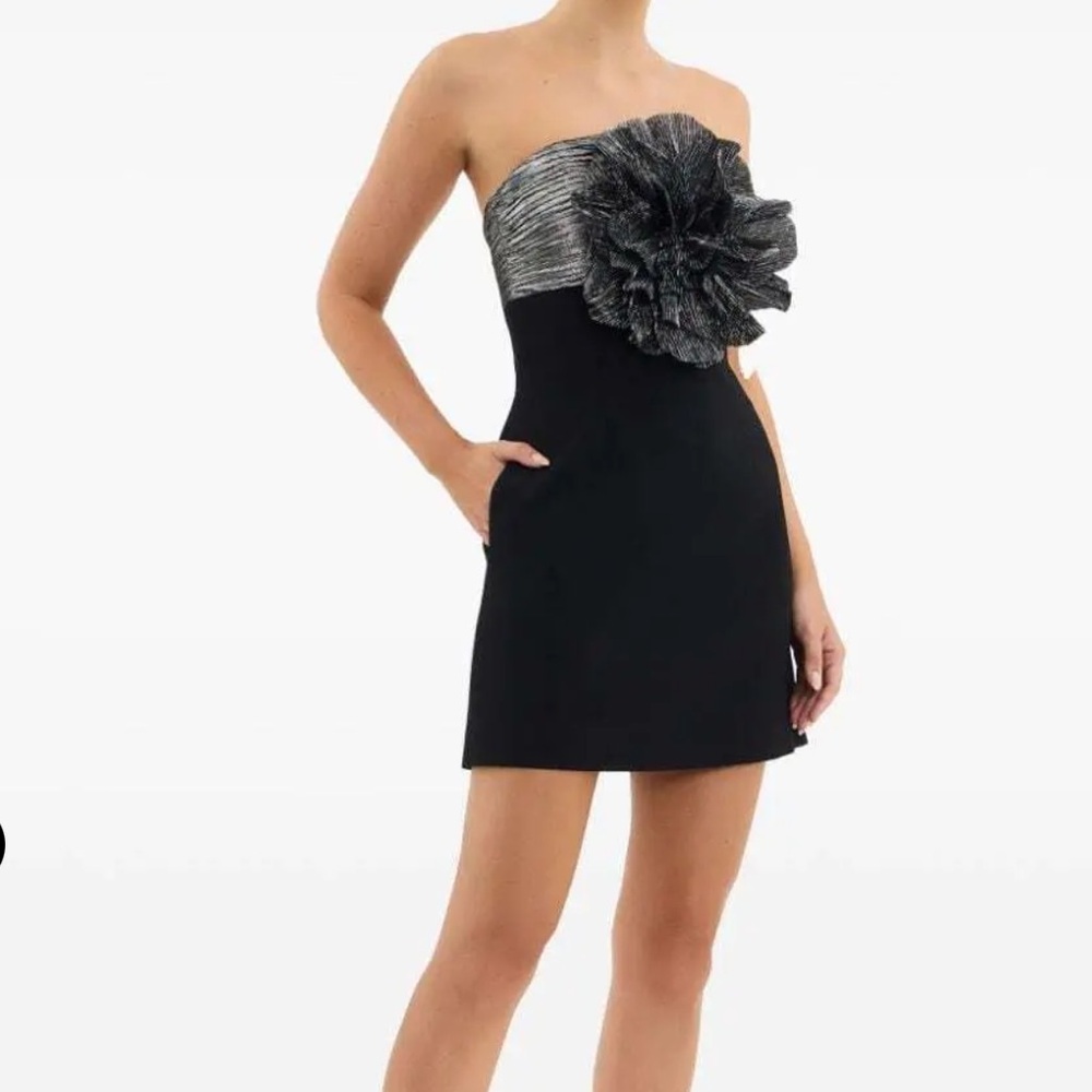 Rebecca Vallance Black Strapless Dress with Silver Floral Detail